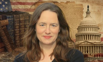 Porträt der Historikerin Heather Cox Richardson mit US-Symbolik