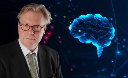 Symbolische Darstellung von Metakognition mit Gehirn und gedanklichen Schleifen im Hintergrund