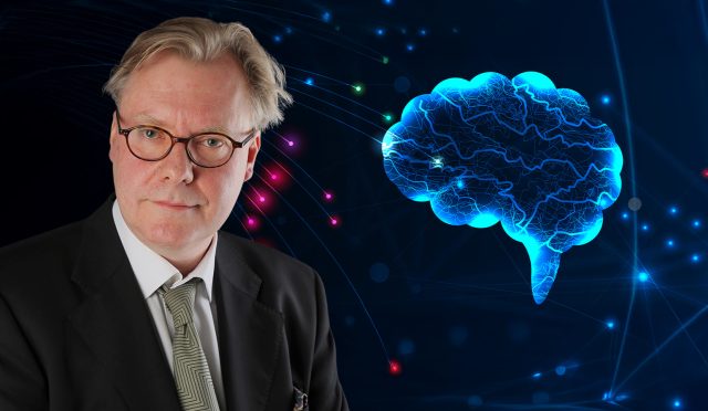 Symbolische Darstellung von Metakognition mit Gehirn und gedanklichen Schleifen im Hintergrund