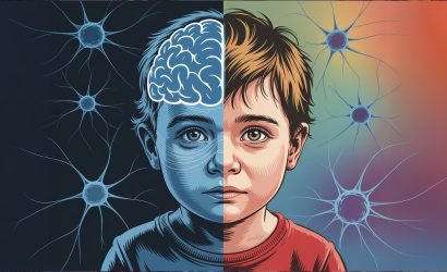 Illustration eines Kindes mit geteilter Darstellung: linke Seite mit neuronalen Mustern, rechte Seite mit emotionalem Gesichtsausdruck. Thema Autismus.